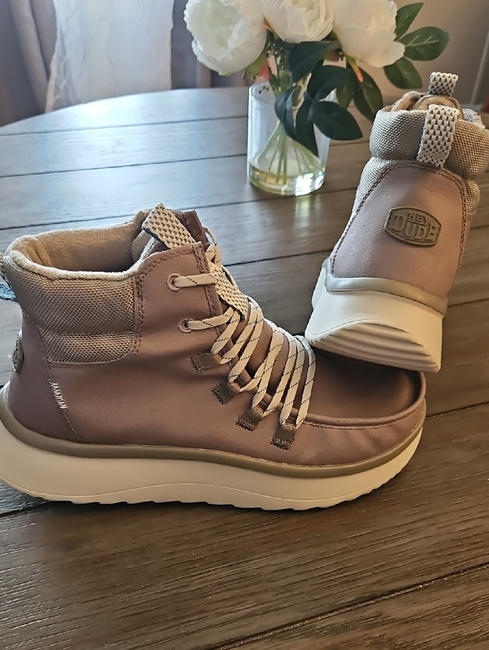 Hey Dude Women's Walnut Lace-Up High-Top Boots with Cream Soles